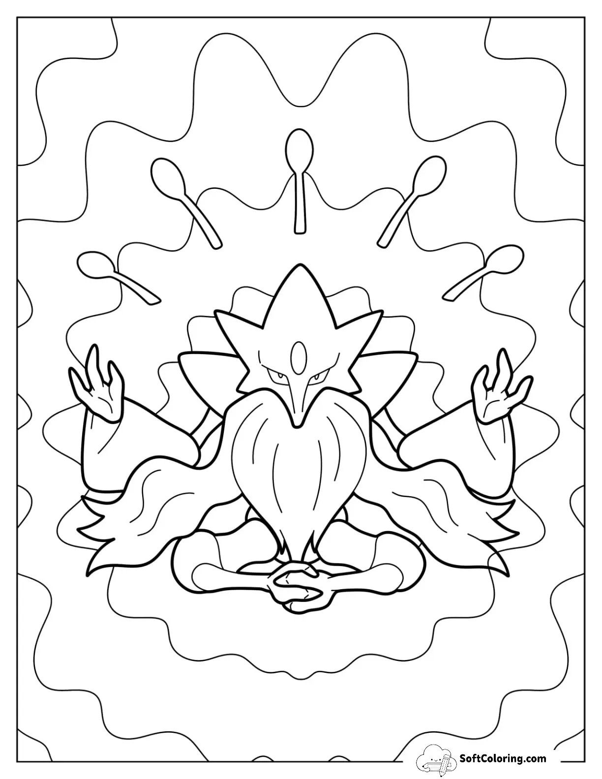 Mega Pokemon Coloring Page Of Mega Alakazam With Levitating Spoons