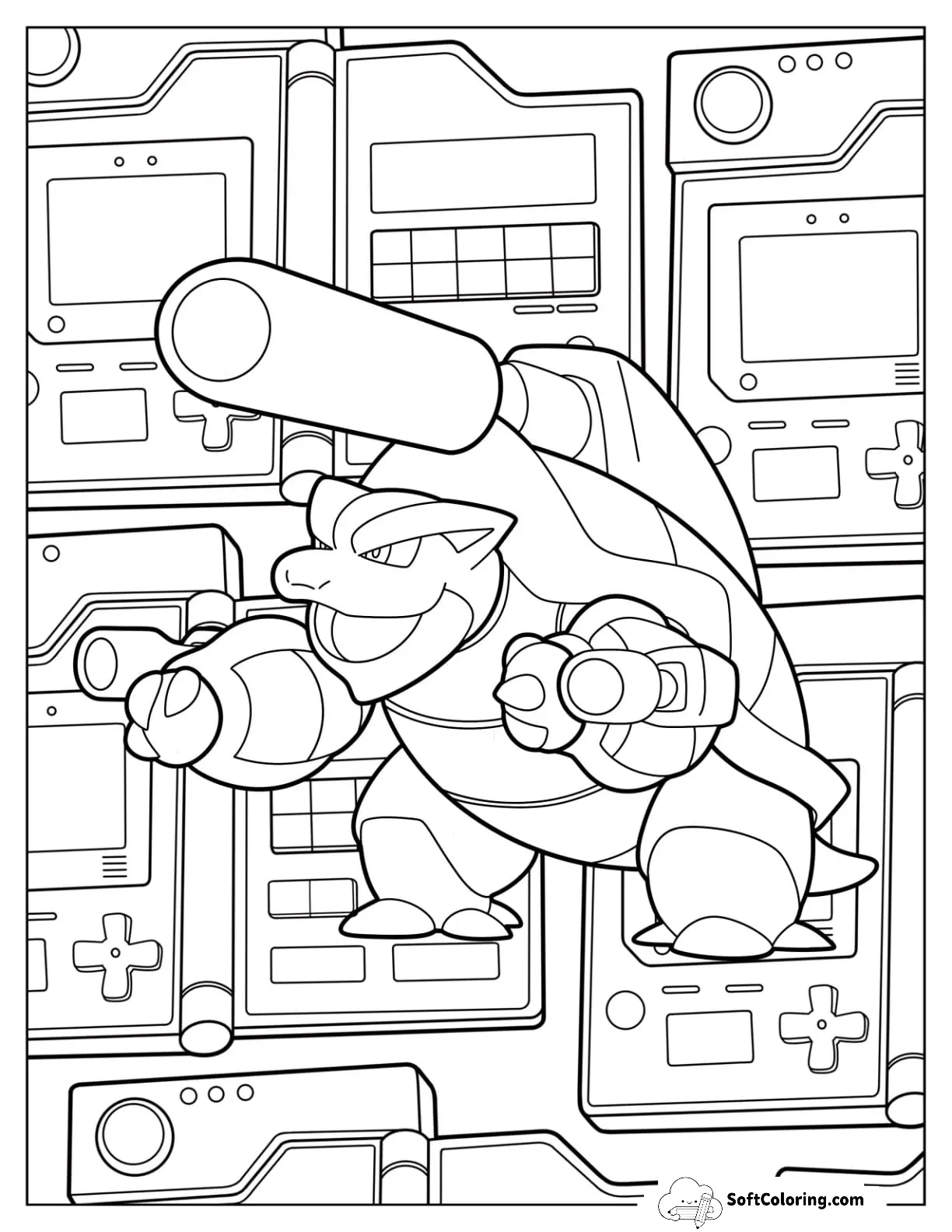 Mega Pokemon Coloring Page Of Mega Blastoise With Game Boy Consoles In The Background