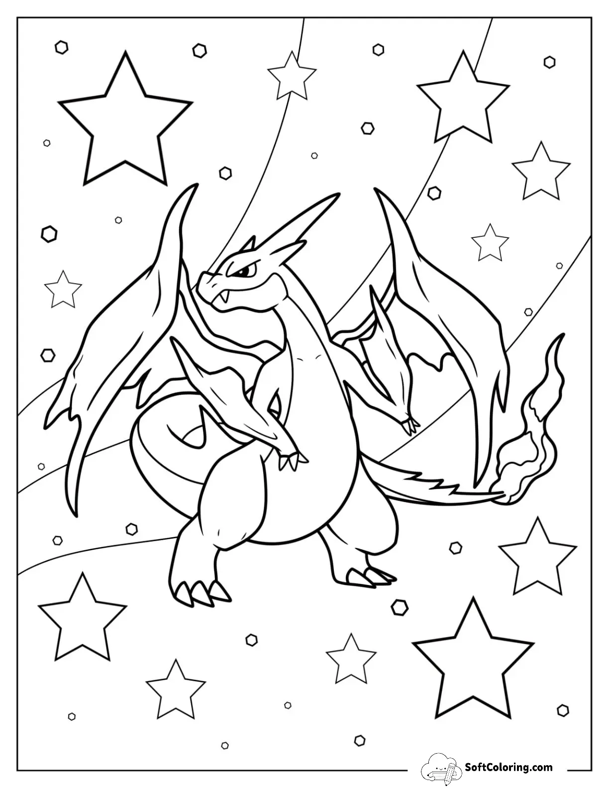 Mega Pokemon Coloring Page Of Mega Charizard Y Surrounded By Stars