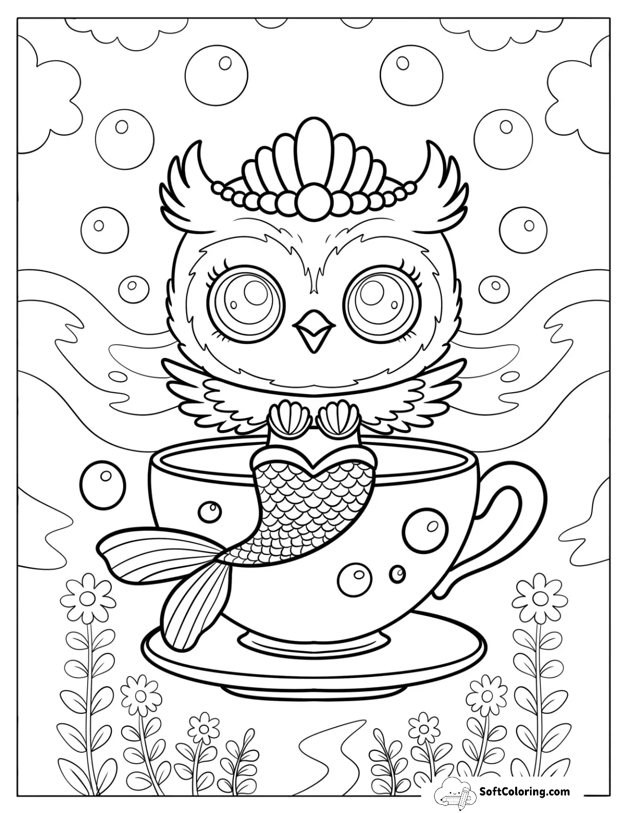 Mermaid Owl With Pearl Crown Sitting On A Teacup
