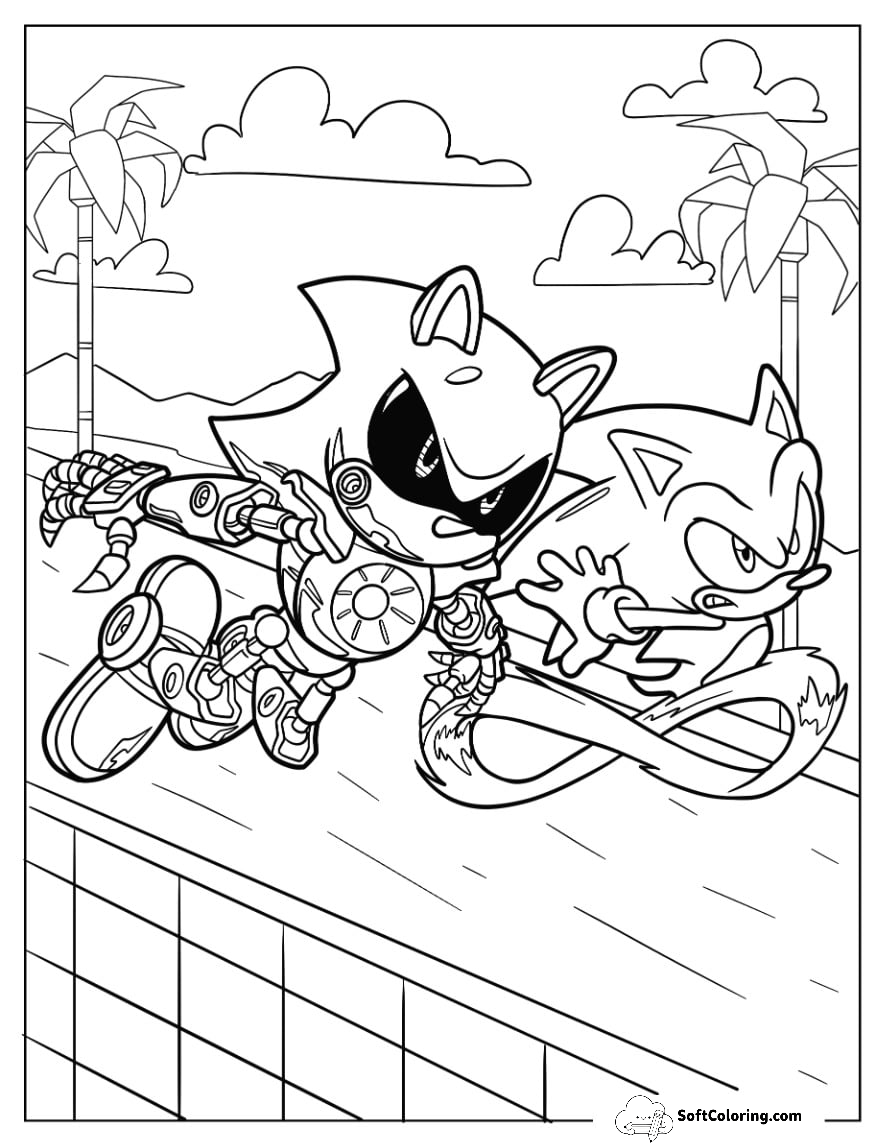 Metal Sonic Coloring Page And Sonic Speeding Down Road
