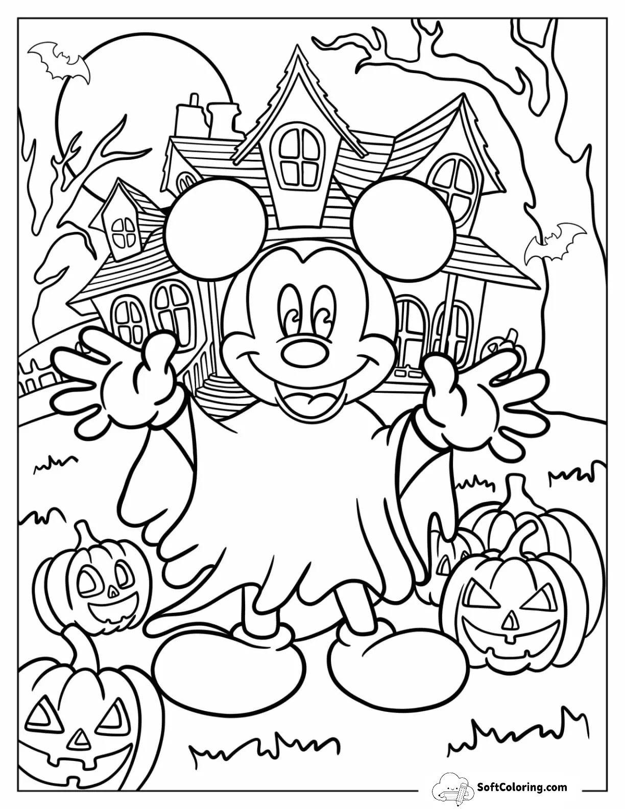 Mickey Mouse Dressed As A Ghost In Front Of A Haunted House
