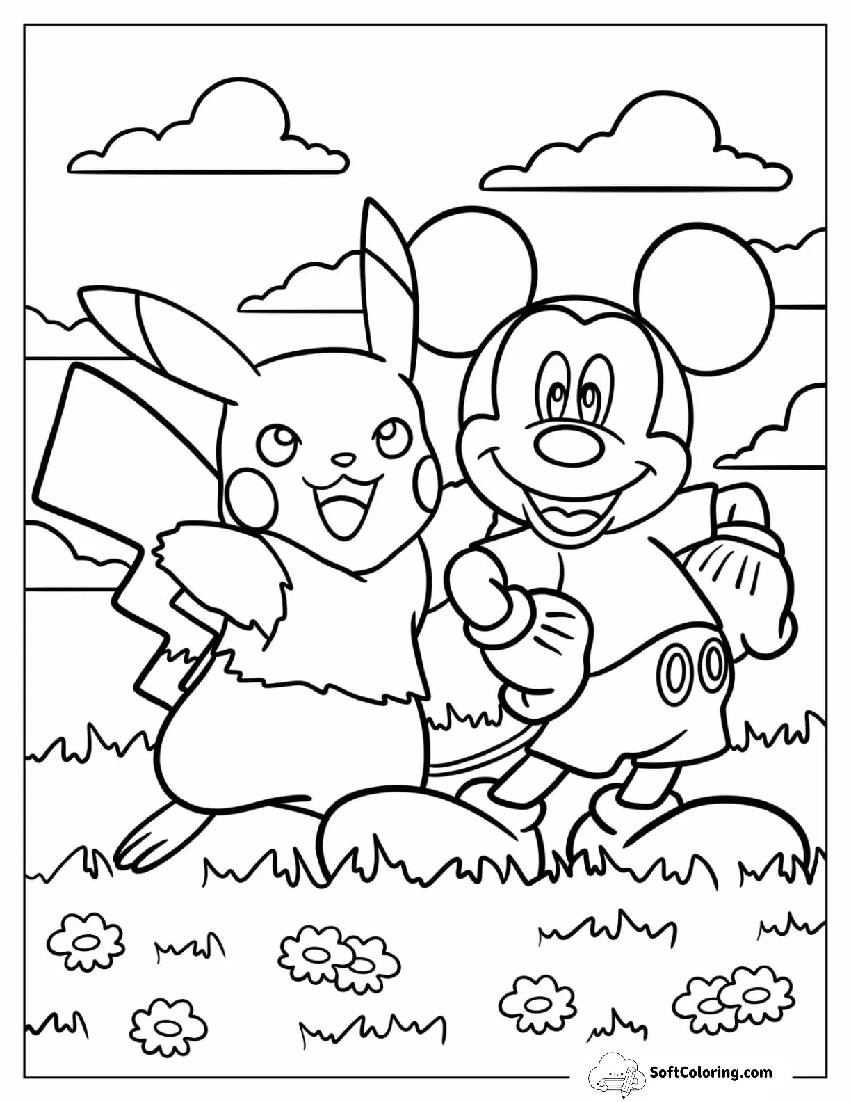 Mickey Mouse Standing On A Field With Pikachu For Kids