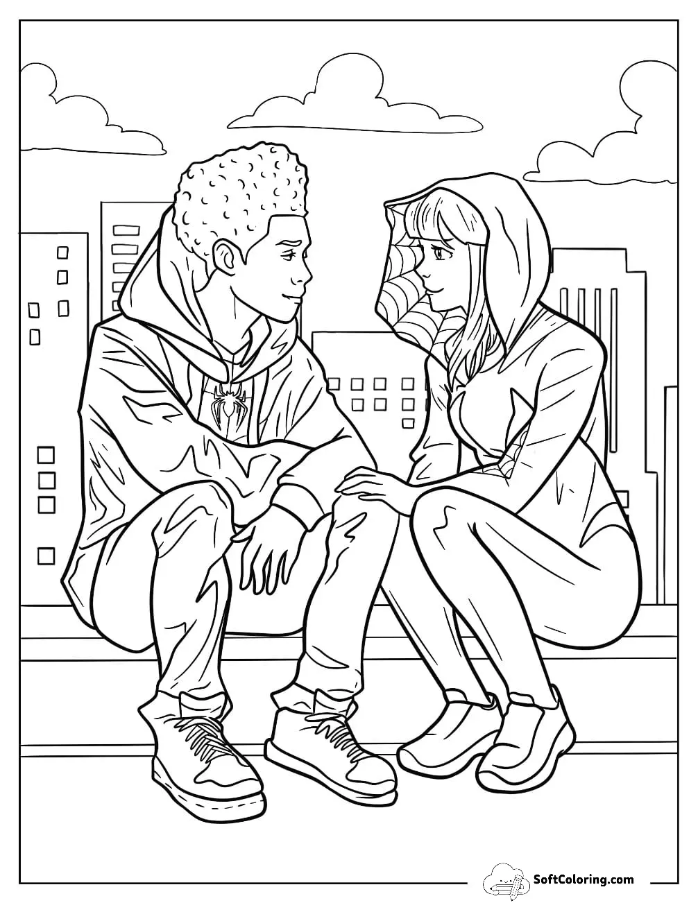 Miles Morales And Spider-Gwen Sitting Together On A Rooftop