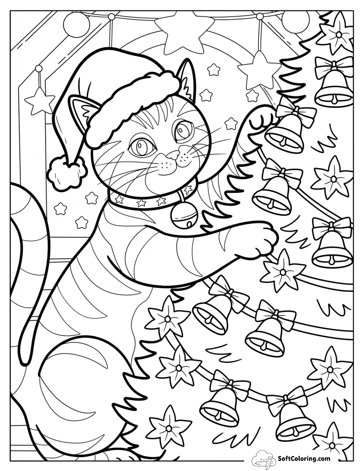 Mischievous Christmas Cat Climbing The Tree With Bells