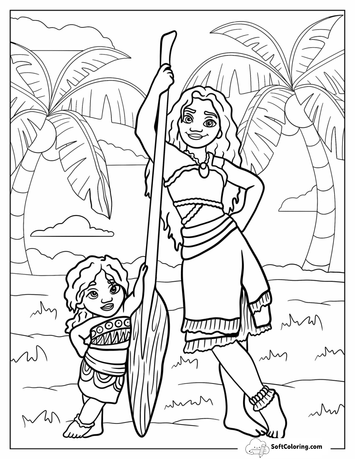 Moana Coloring Page Of Simea Leaning On An Oar For Kids