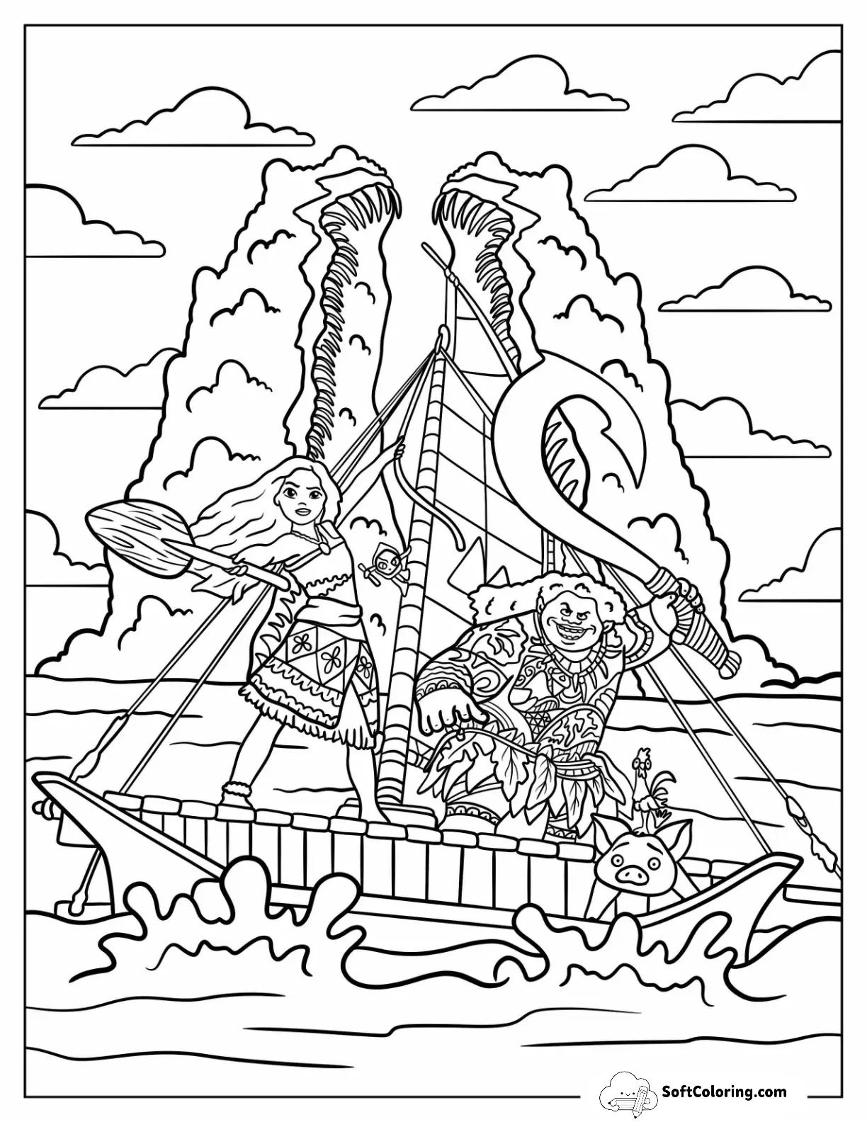 Moana Coloring Page Of Maui, Heihei, And Pua On The Sea
