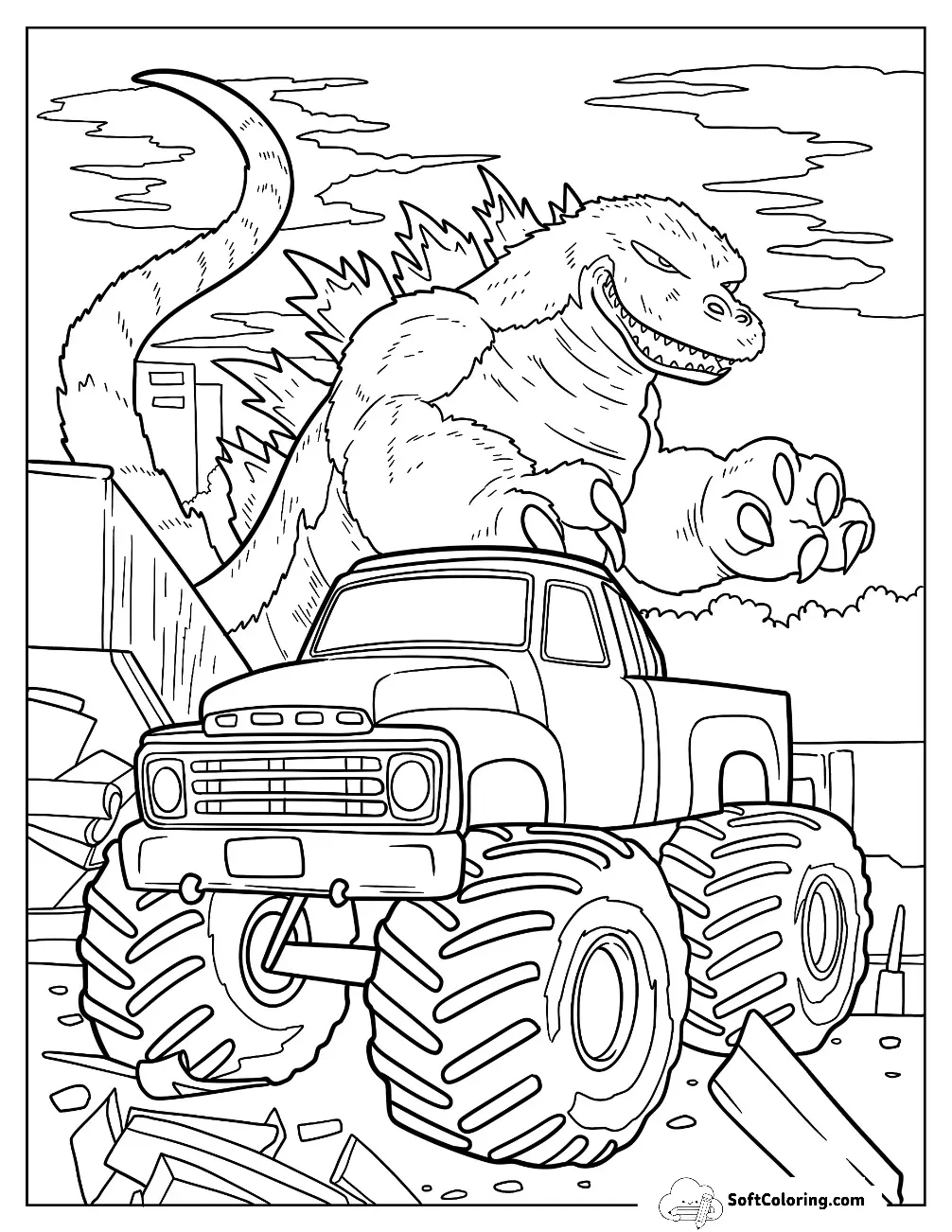 Monster Truck Coloring Page Driving Away From Godzilla