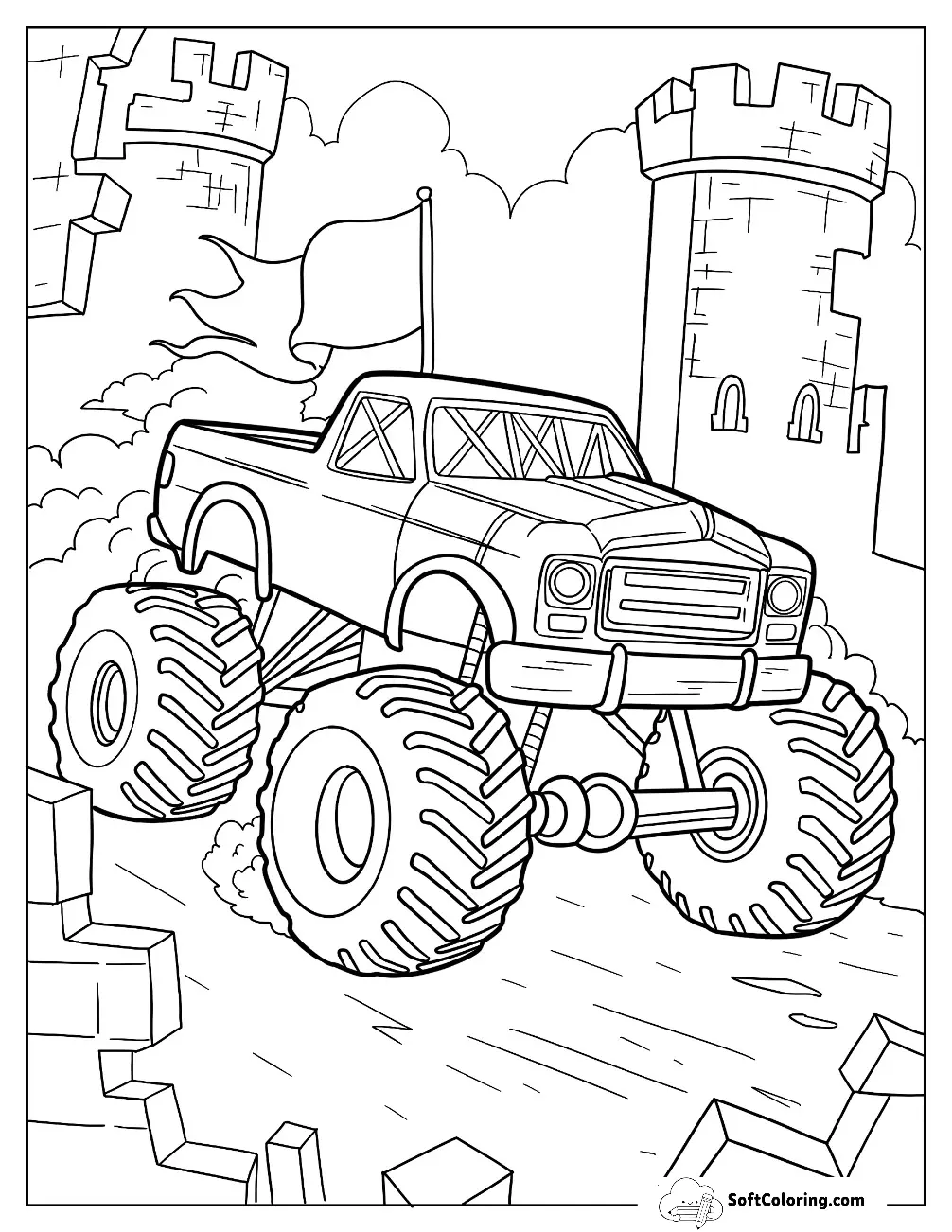 Monster Truck With Flag Speeding Downhill With Castle Background