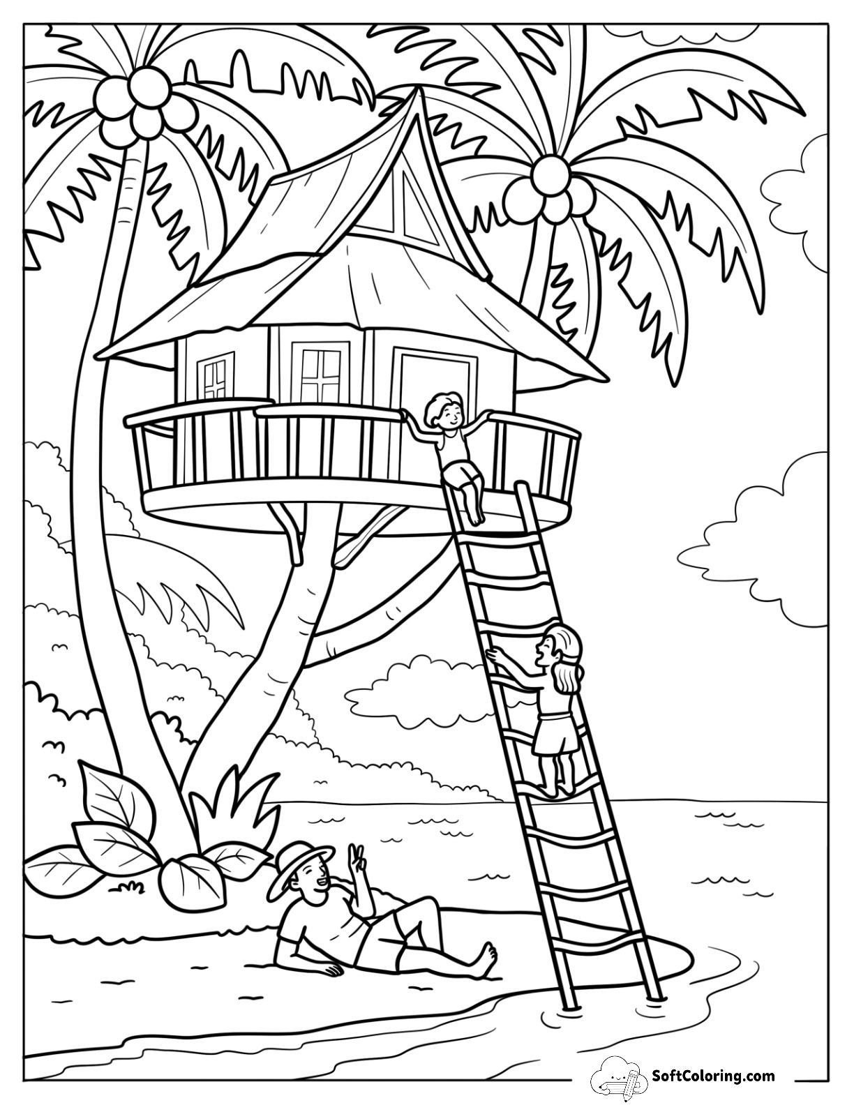 Mother And Daughter Enjoying Tree House Surrounded By Coconut Trees