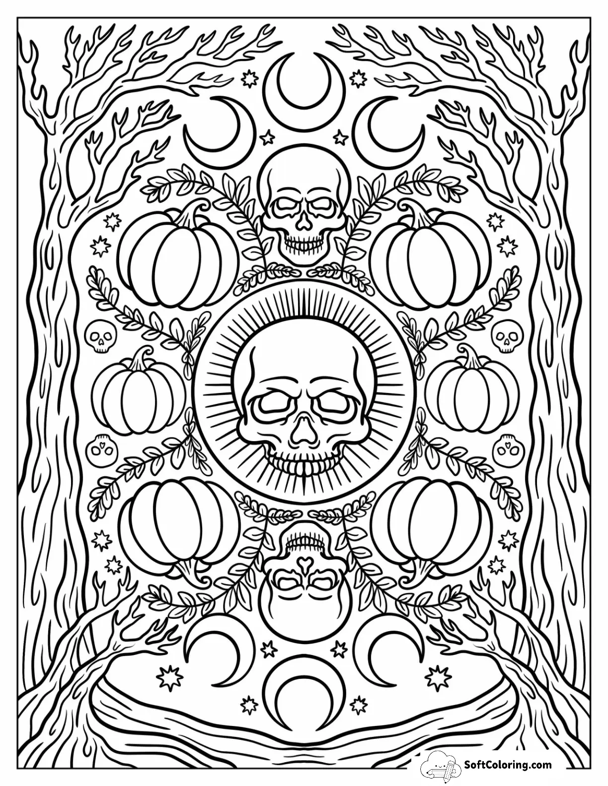 Mystical Mandala Design With Pumpkins, Skulls, And Moon Phases Halloween