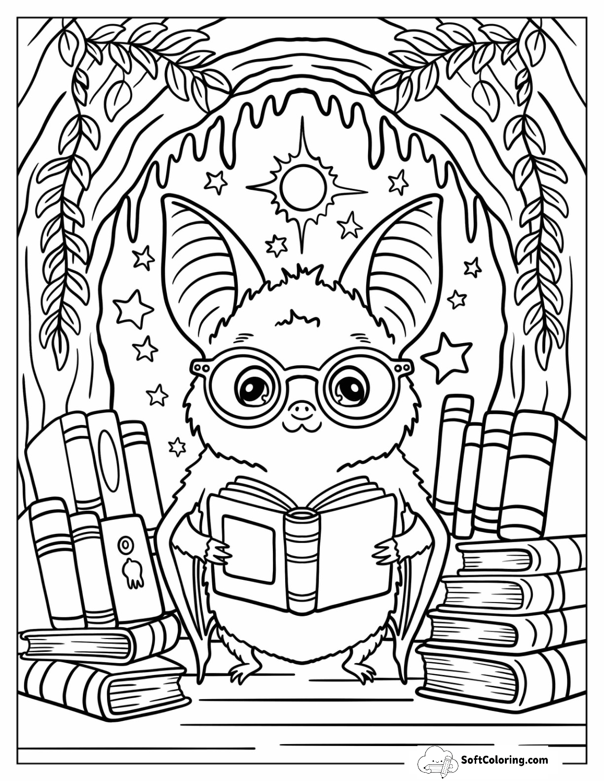 Nerdy Bat Reading A Book In A Cave At Night For Kids