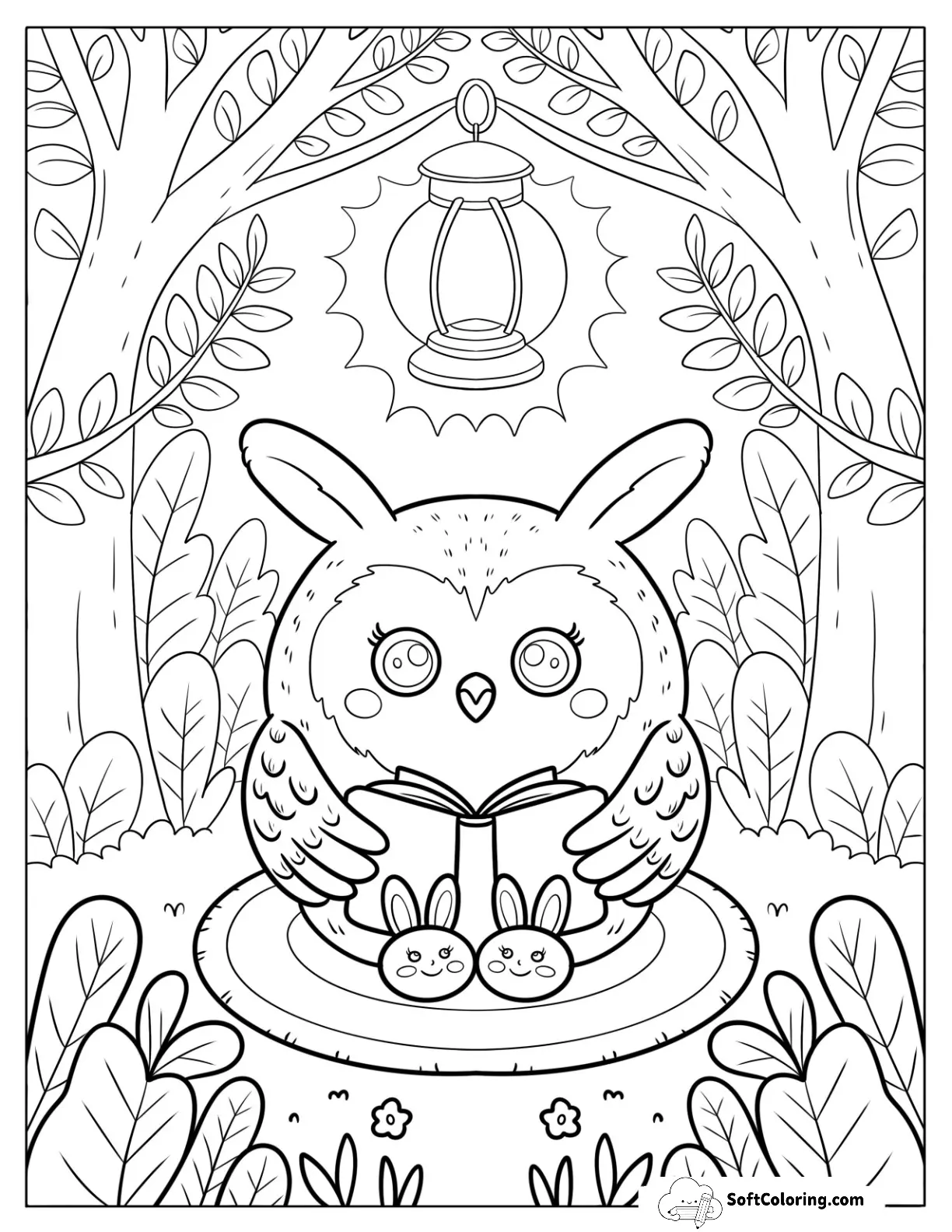 Nerdy Owl Coloring Page Reading Under A Lamp