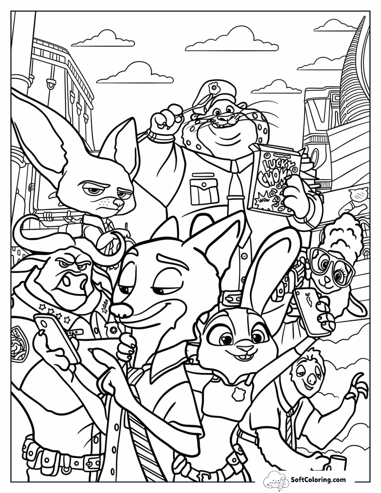 Nick, Judy, Clawhauser, Bellwether, Finnick, Flash, And Chief Bogo
