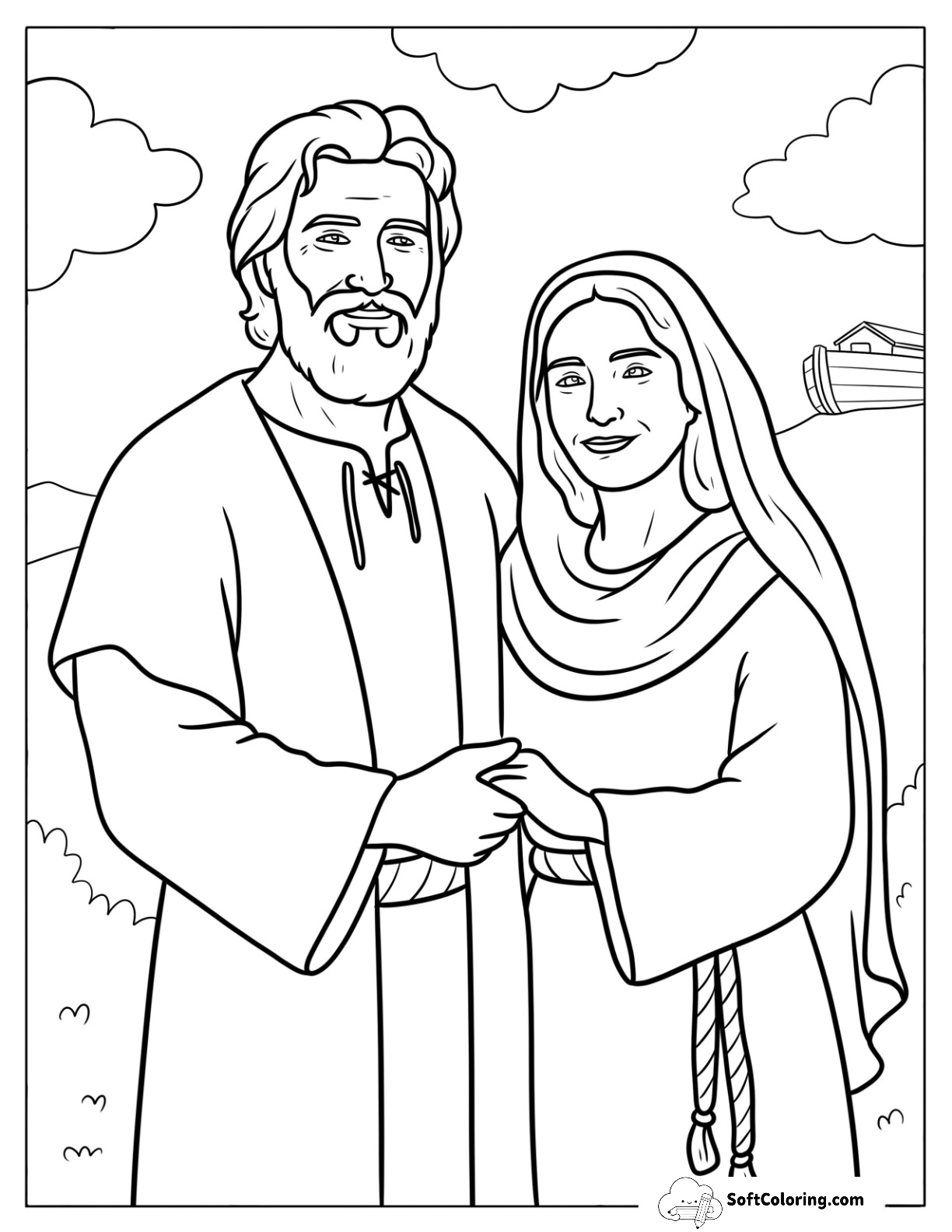 Noah And His Wife Outside Noah's Ark Coloring Page