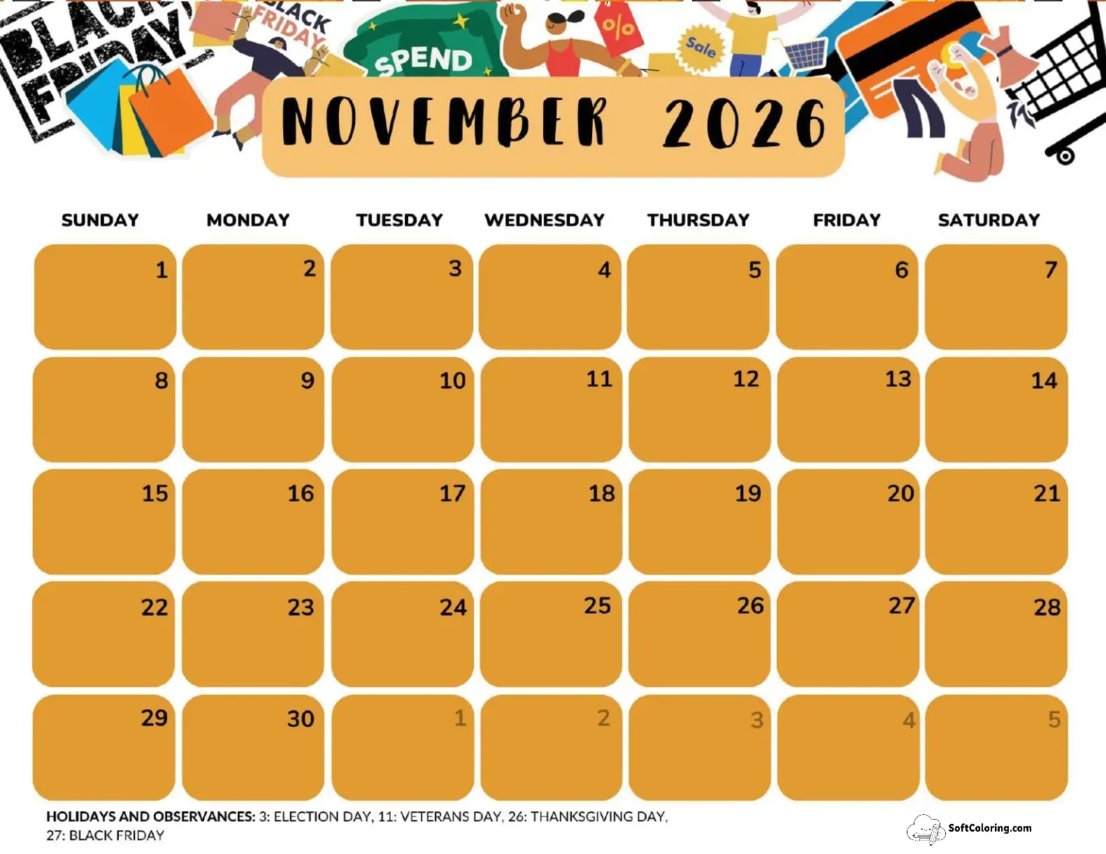November 2026 Calendar Printable Black Friday Landscape V2