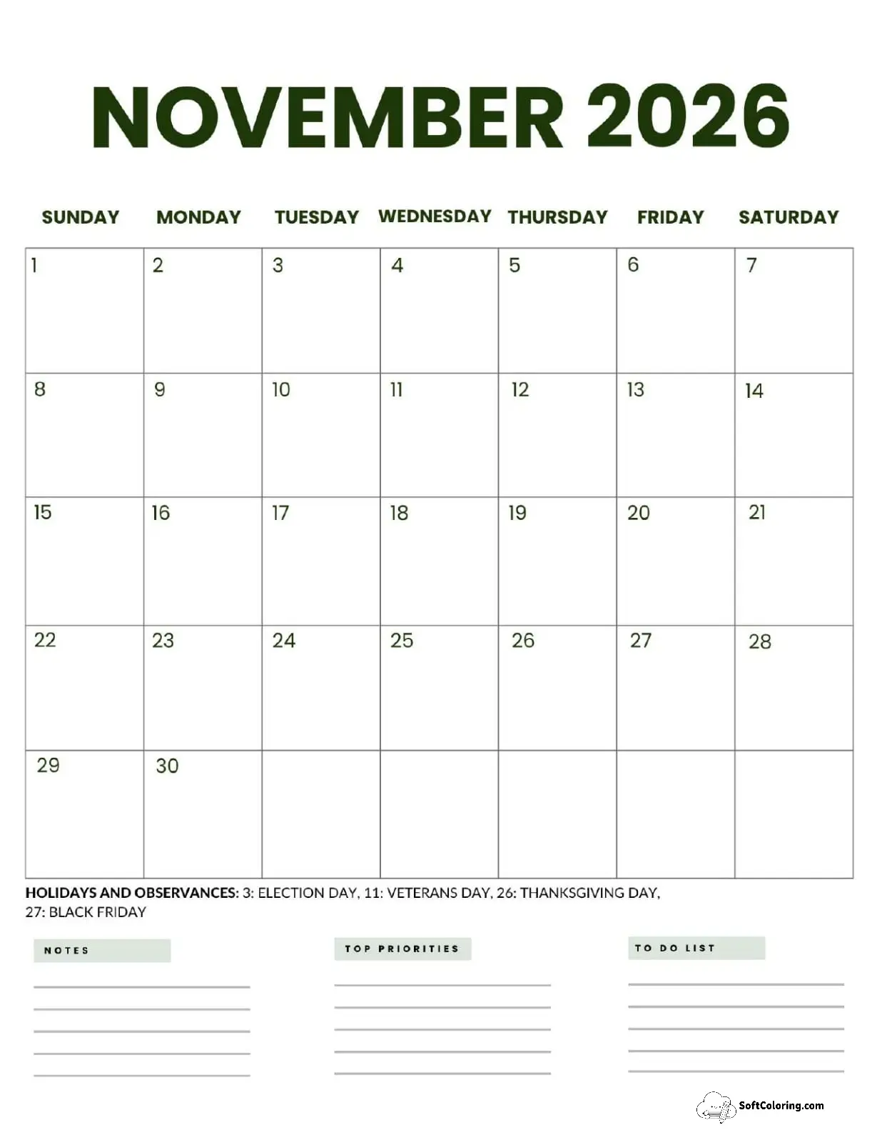 November 2026 Calendar Printable Business 2 Portrait V2