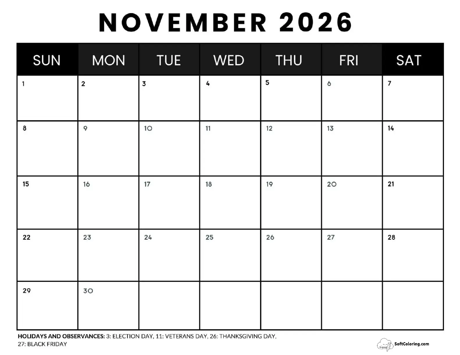 November 2026 Calendar Printable Business 4 Landscape V2