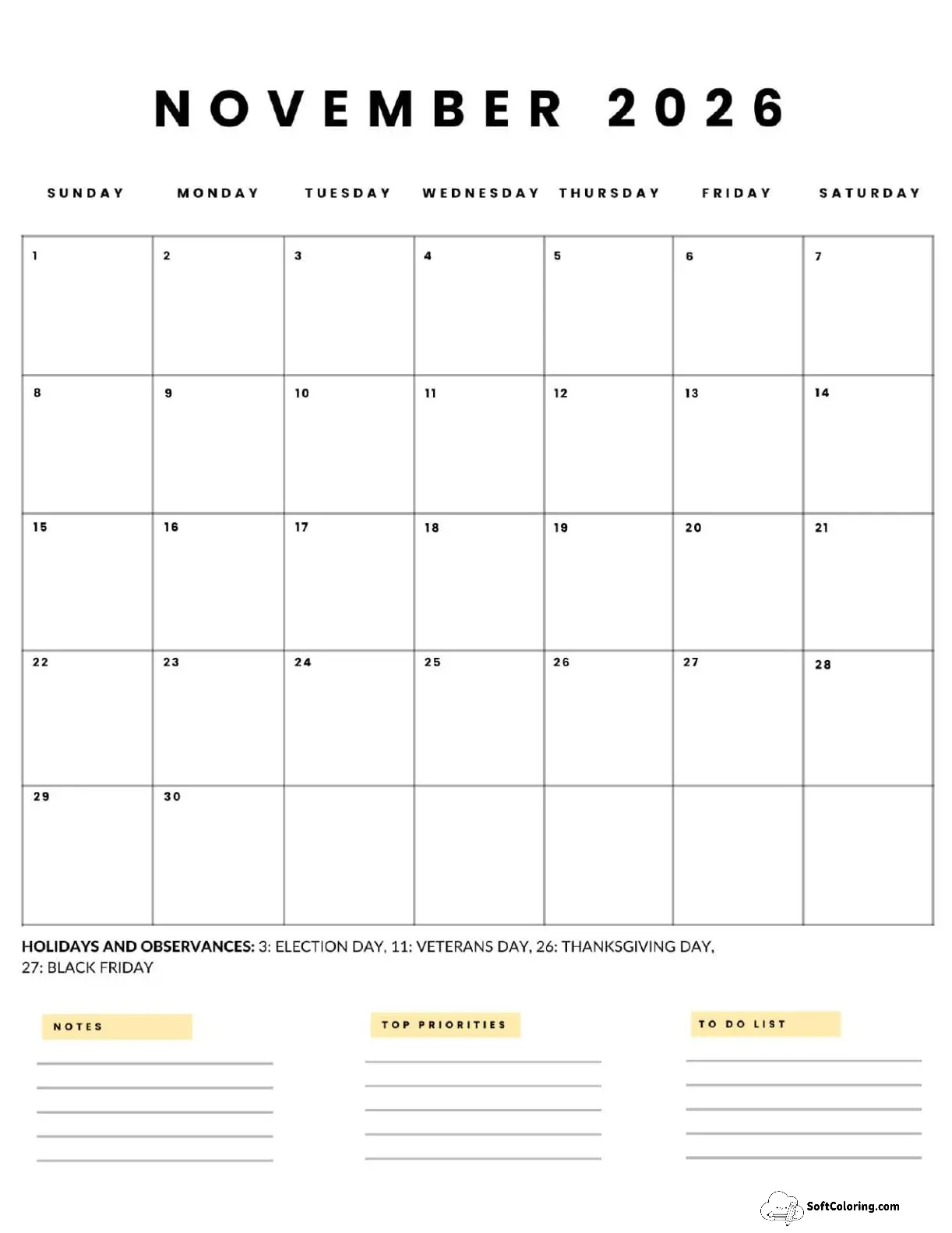 November 2026 Calendar Printable Business 5 Portrait V2