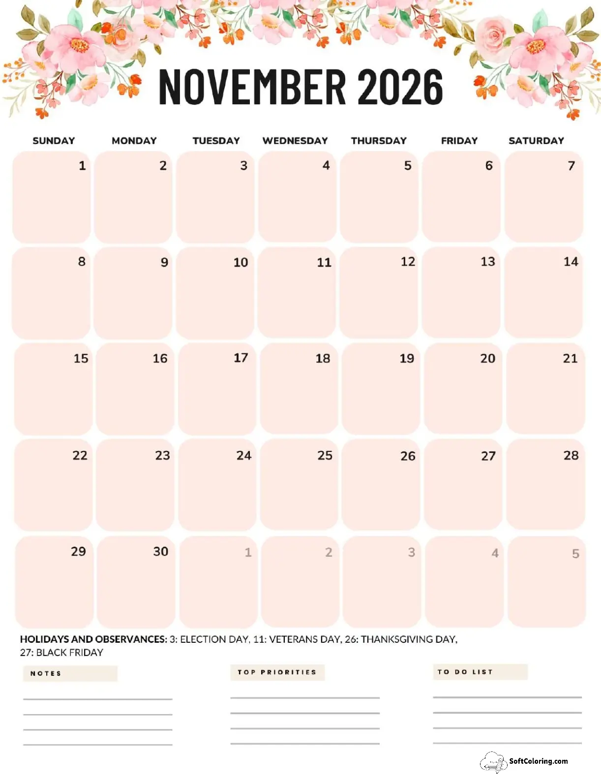 November 2026 Calendar Printable Flowers Portrait V2