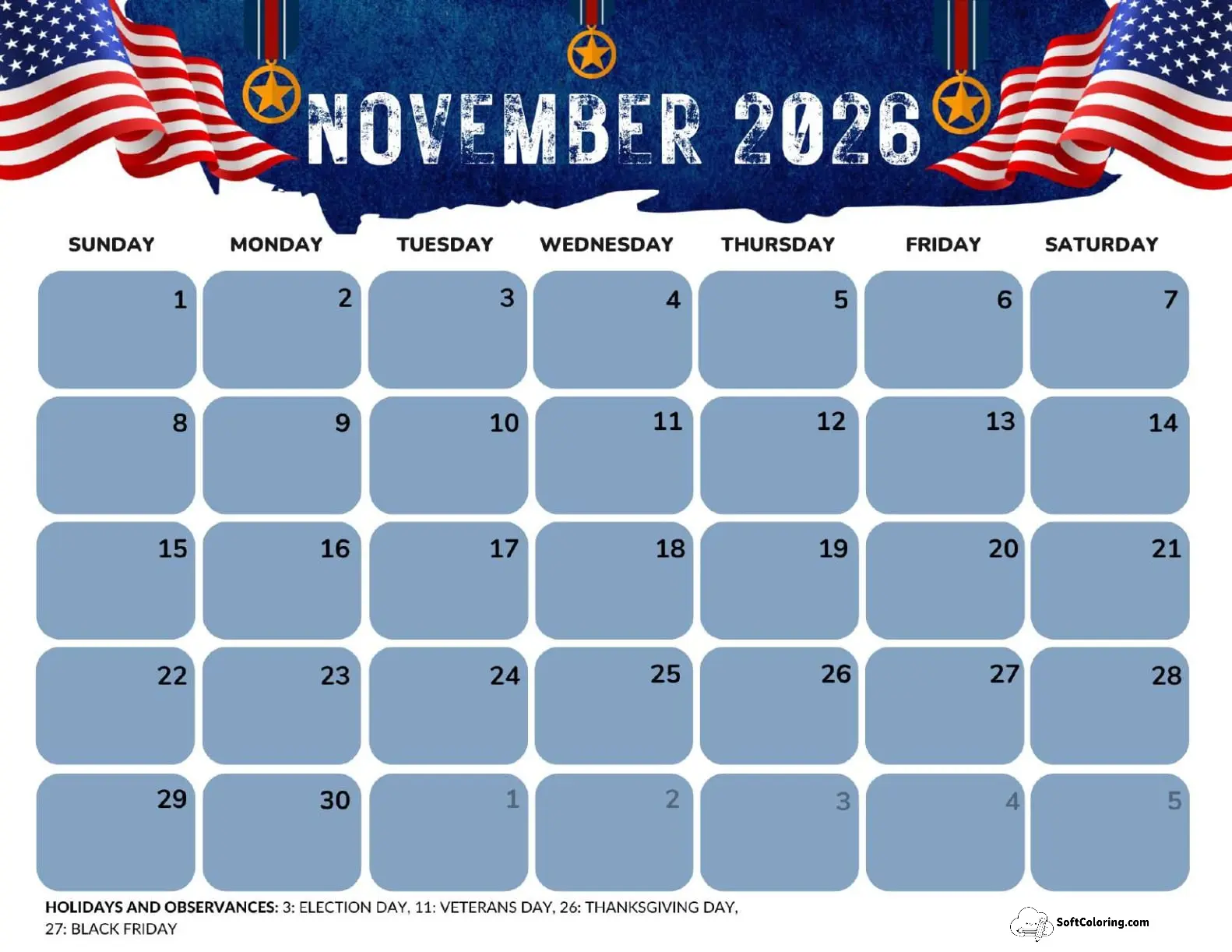 November 2026 Calendar Printable Honor Landscape V2