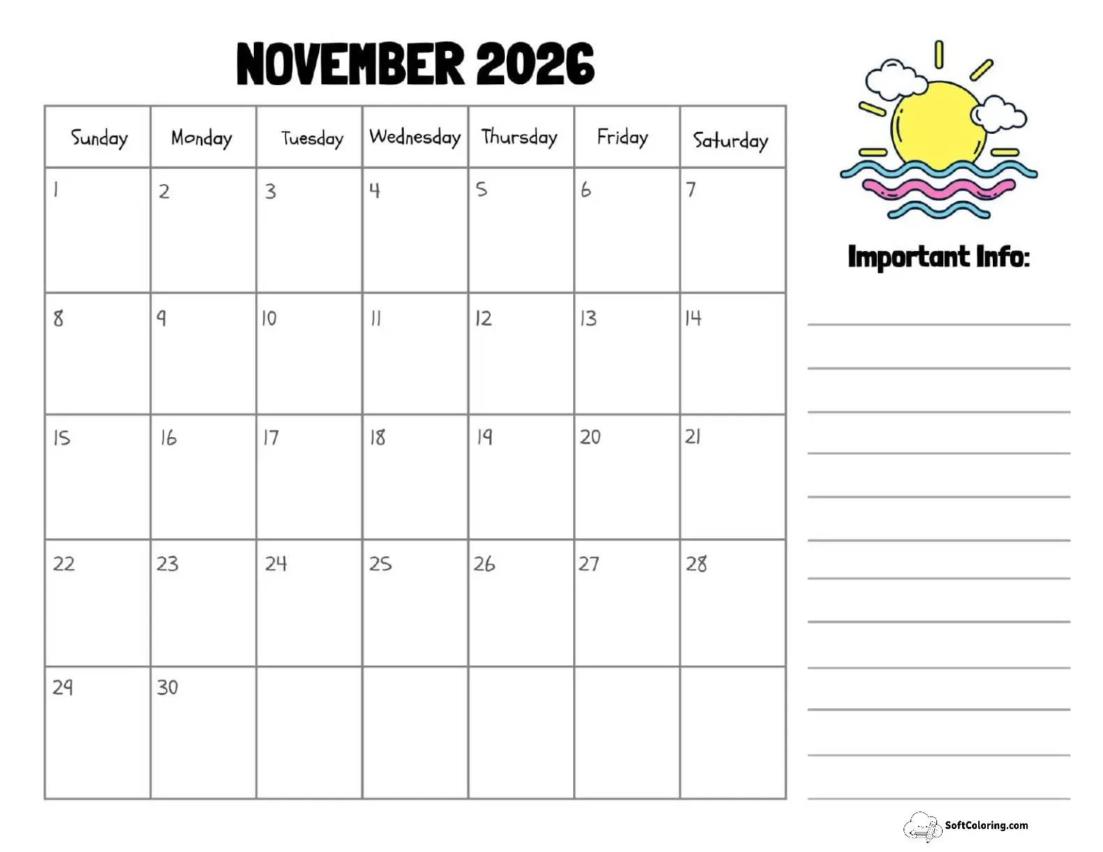 November 2026 Calendar Printable Sun Landscape V2