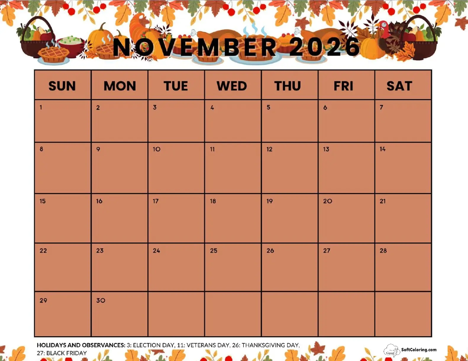 November 2026 Calendar Printable Thanksgiving Landscape V2