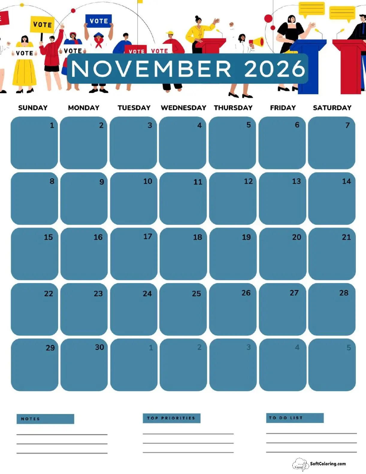 November 2026 Calendar Printable Vote Portrait V2