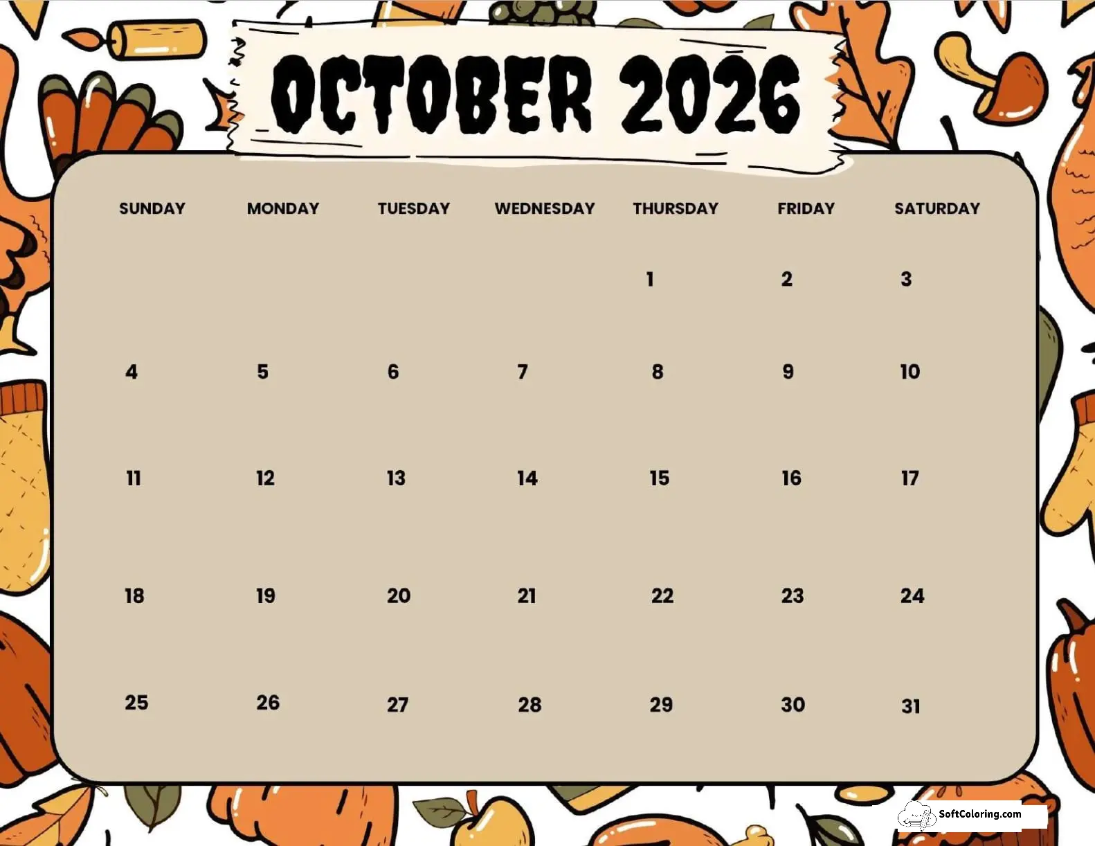 October 2026 Calendar Printable Autumn Landscape V3