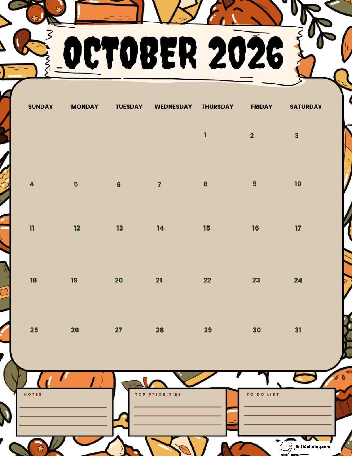 October 2026 Calendar Printable Autumn Portrait V2