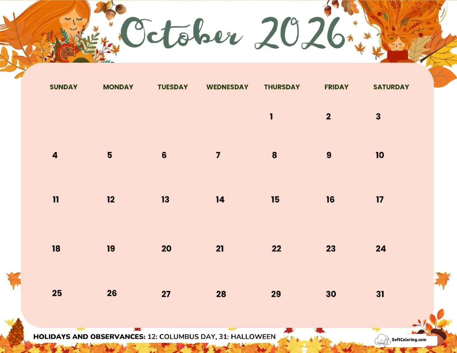 October 2026 Calendar Printable Breezy Landscape V3