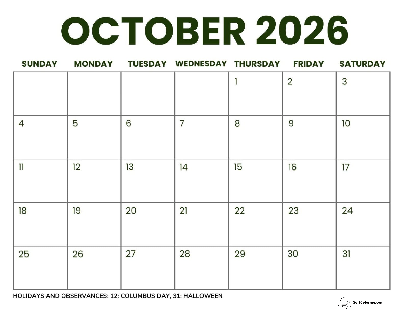 October 2026 Calendar Printable Business 2 Landscape V2