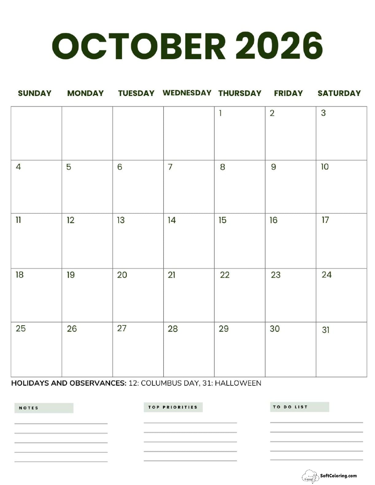 October 2026 Calendar Printable Business 2 Portrait V2