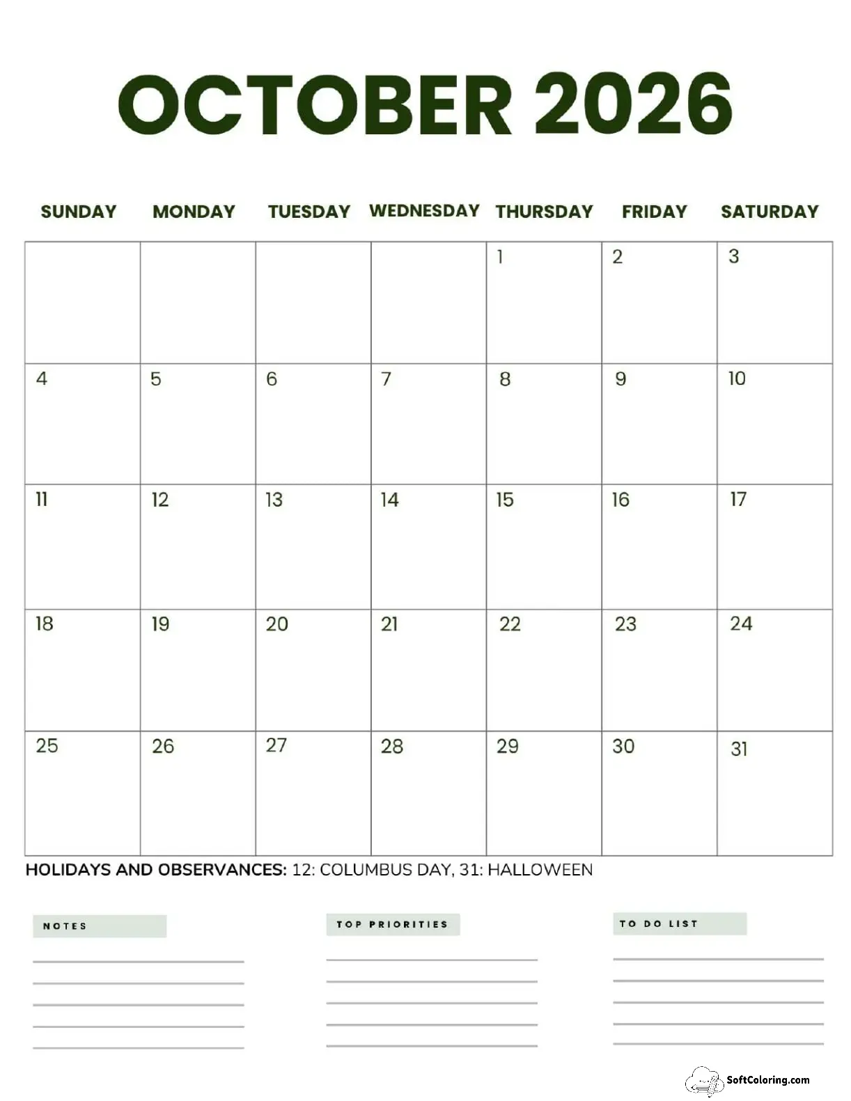 October 2026 Calendar Printable Business 2 Portrait V2