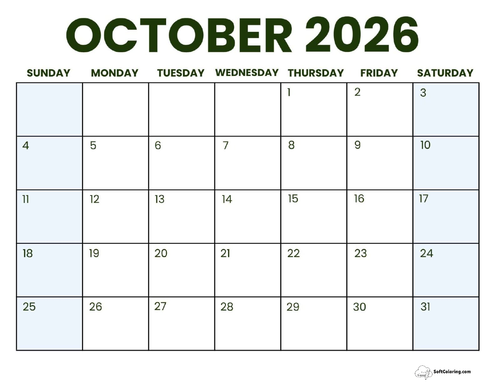 October 2026 Calendar Printable Business 3 Landscape V2