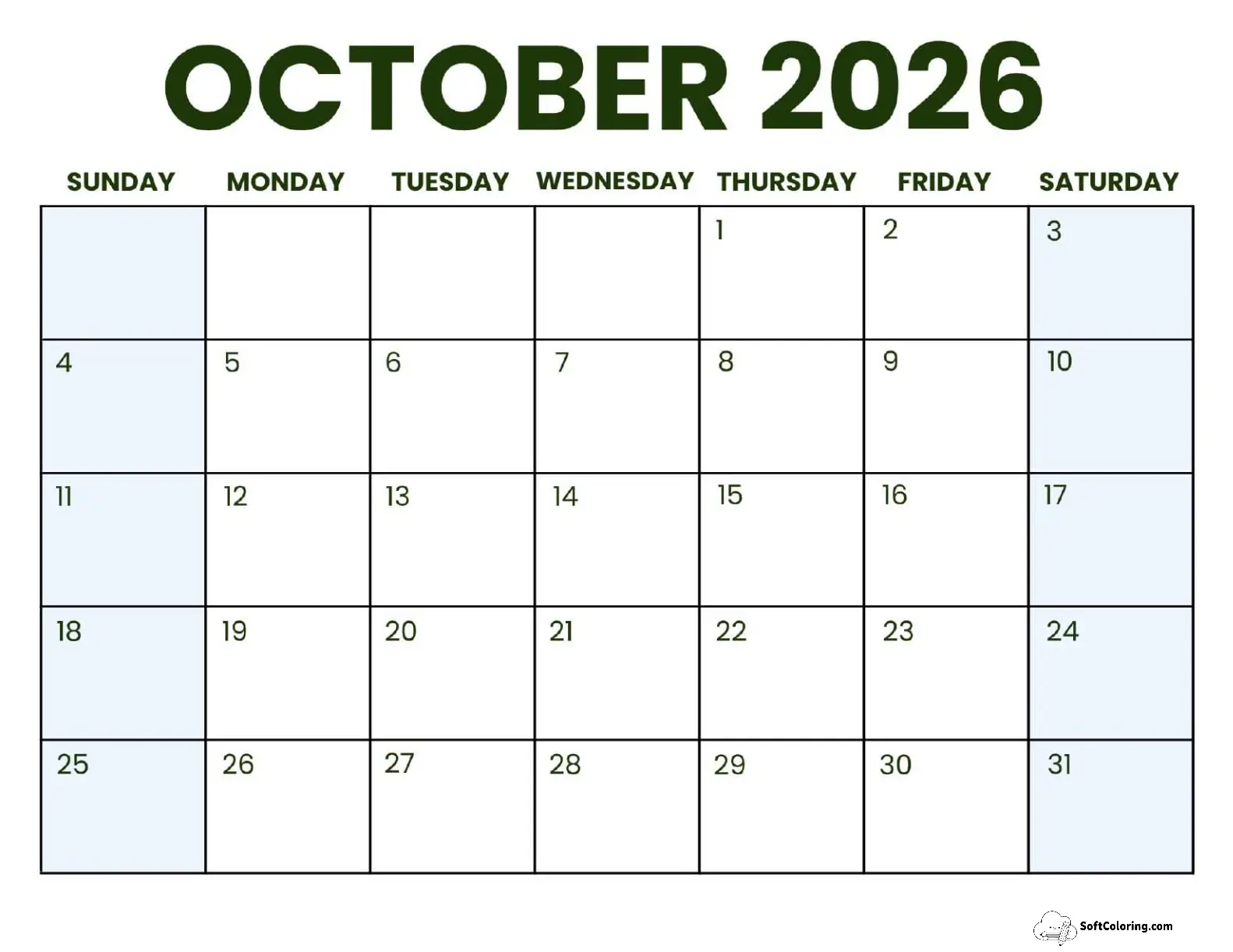 October 2026 Calendar Printable Business 3 Landscape V2