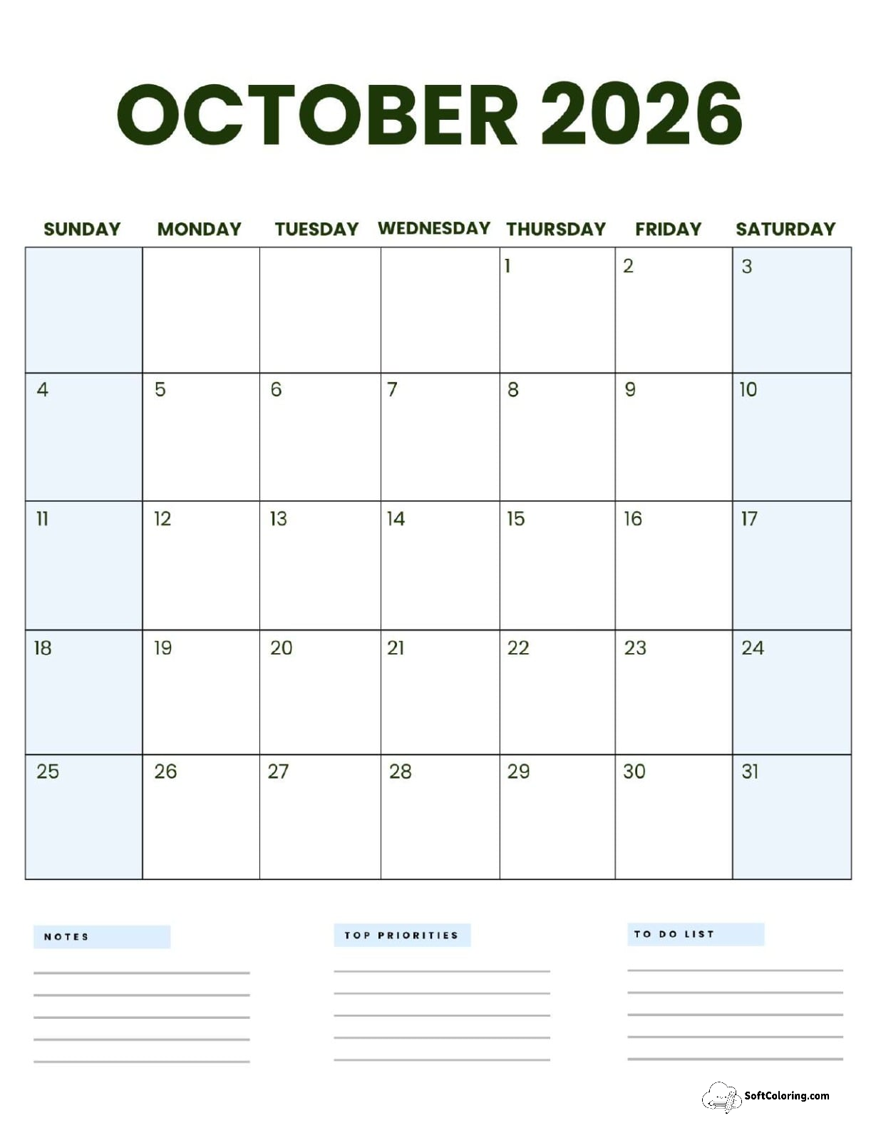 October 2026 Calendar Printable Business 3 Portrait V2