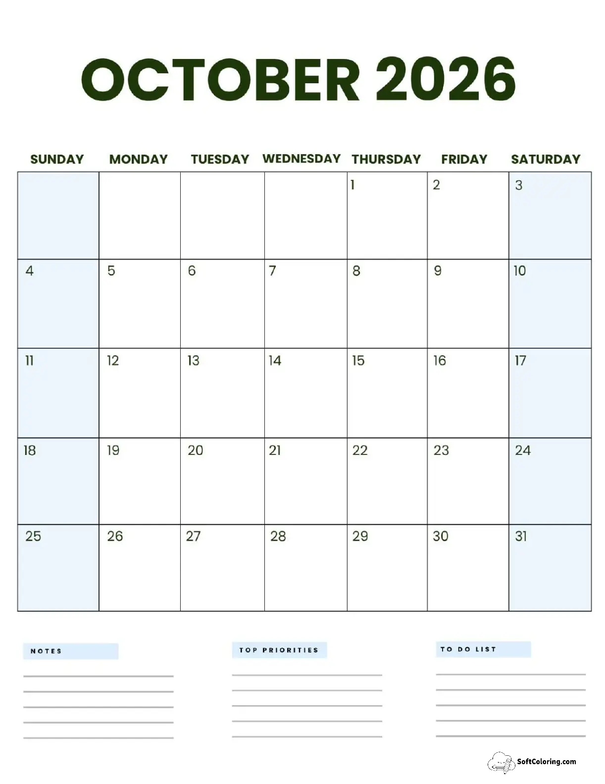 October 2026 Calendar Printable Business 3 Portrait V2
