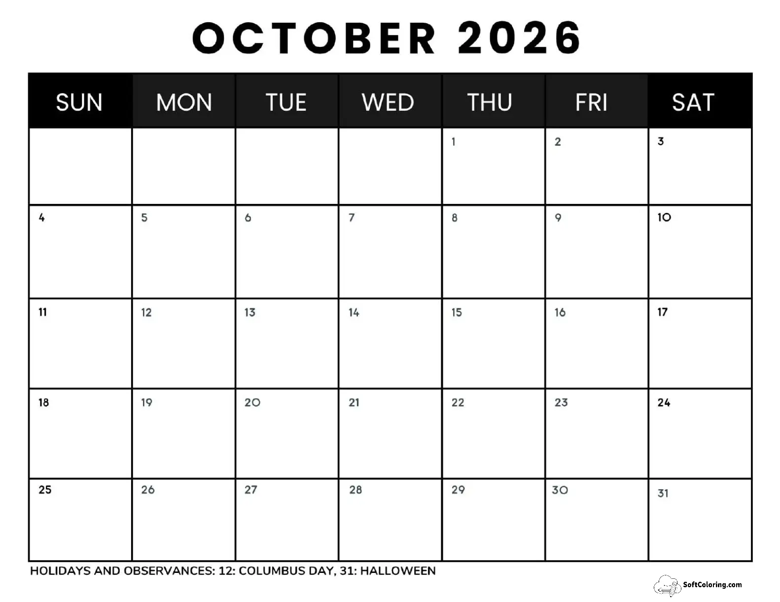 October 2026 Calendar Printable Business 4 Landscape V2