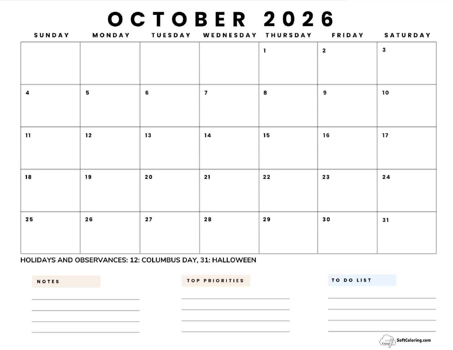 October 2026 Calendar Printable Business 5 Landscape V2