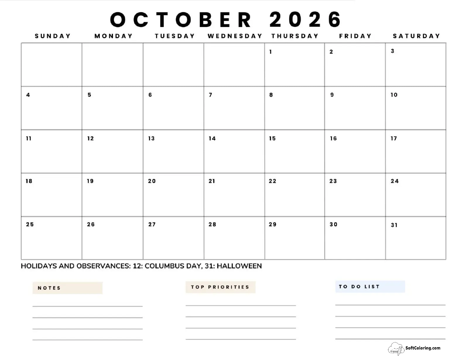 October 2026 Calendar Printable Business 5 Landscape V2