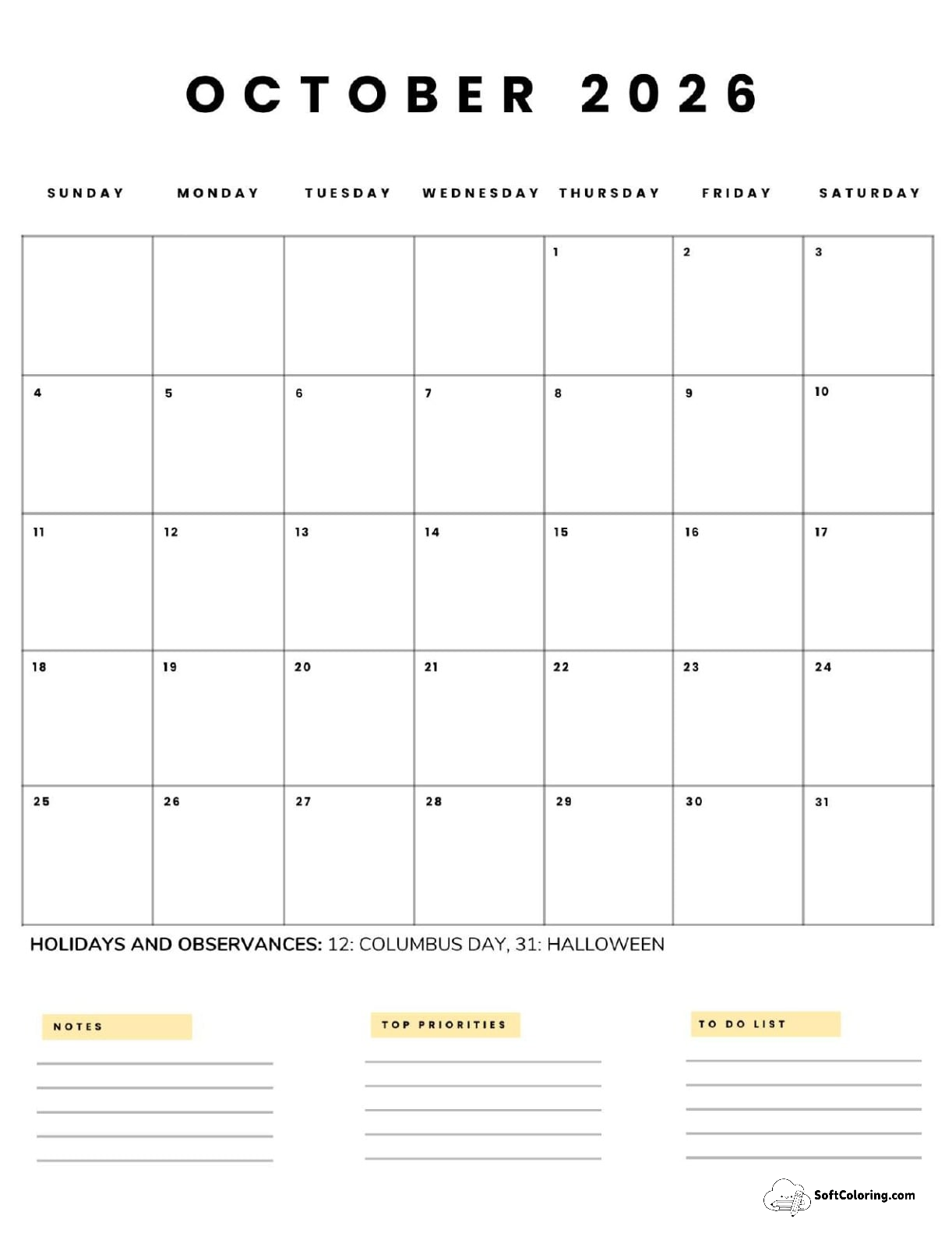 October 2026 Calendar Printable Business 5 Portrait V2