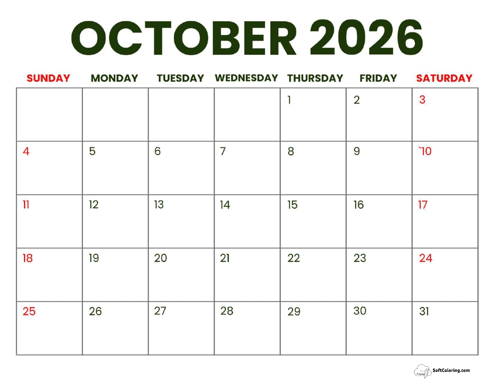 October 2026 Calendar Printable Business Landscape V2