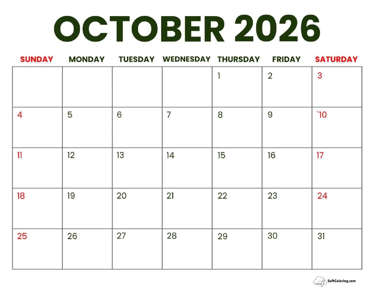 October 2026 Calendar Printable Business Landscape V2