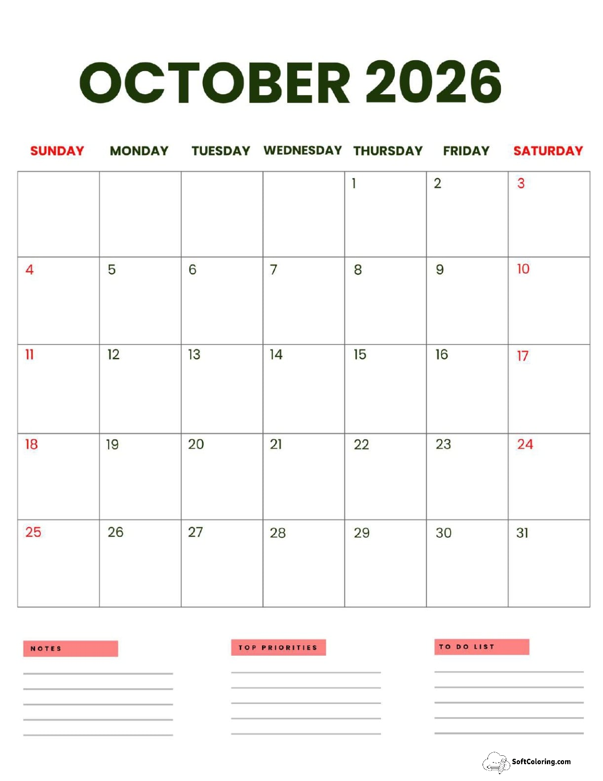 October 2026 Calendar Printable Business Portrait V2