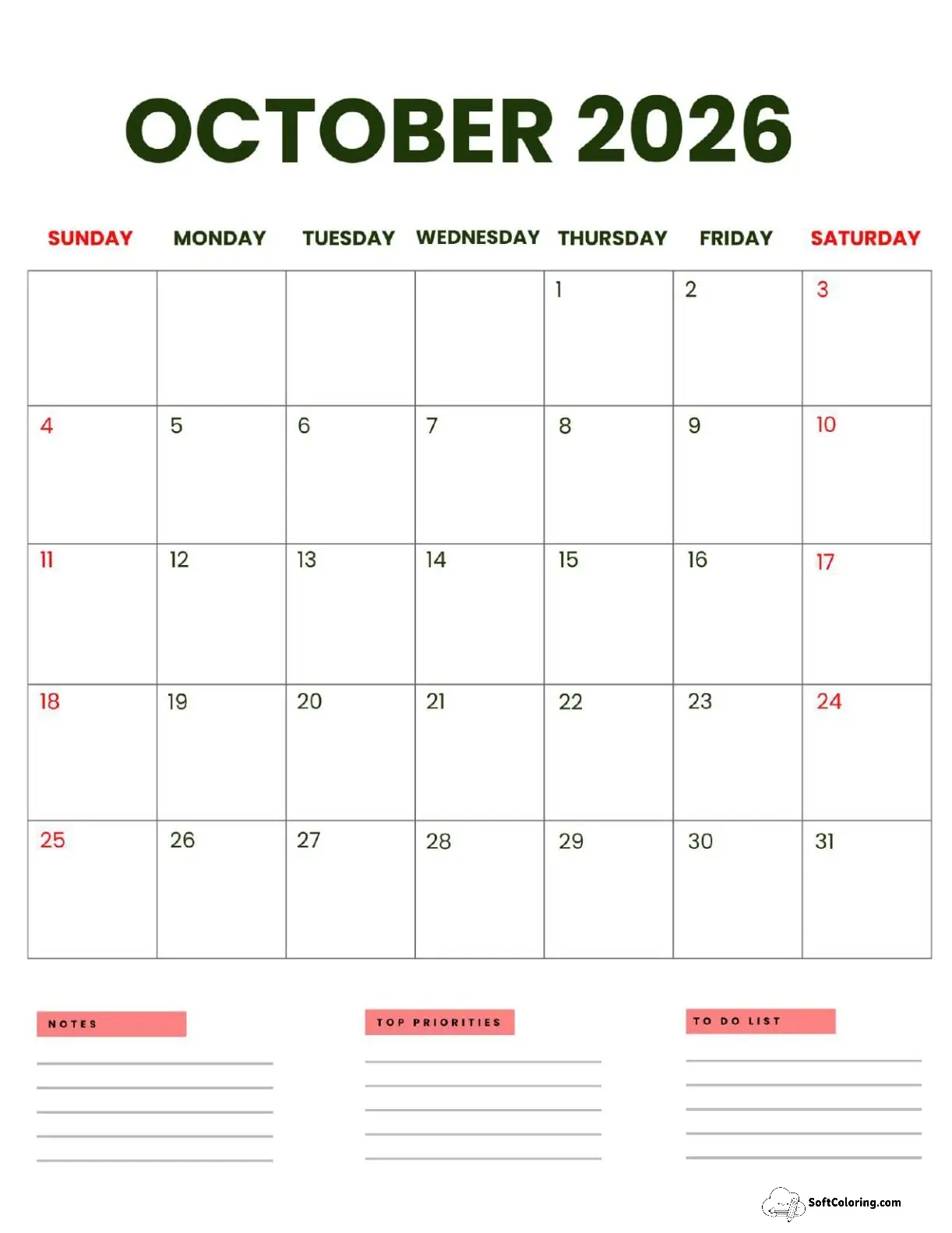 October 2026 Calendar Printable Business Portrait V2