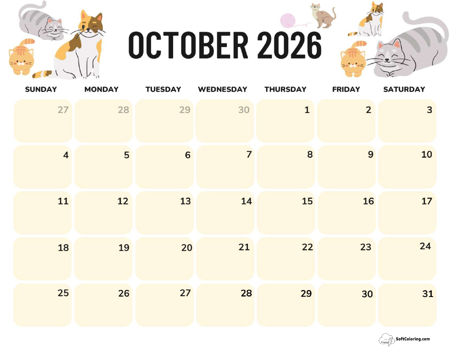 October 2026 Calendar Printable Cats Landscape V2