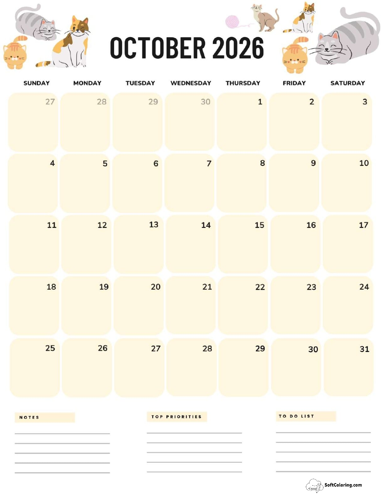 October 2026 Calendar Printable Cats Portrait V2