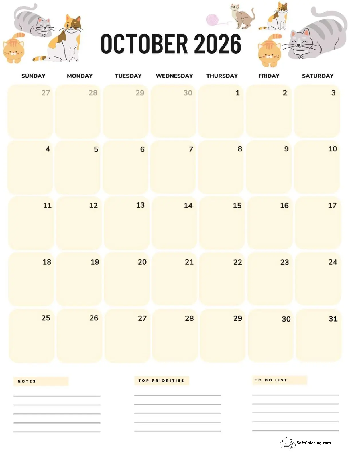 October 2026 Calendar Printable Cats Portrait V2