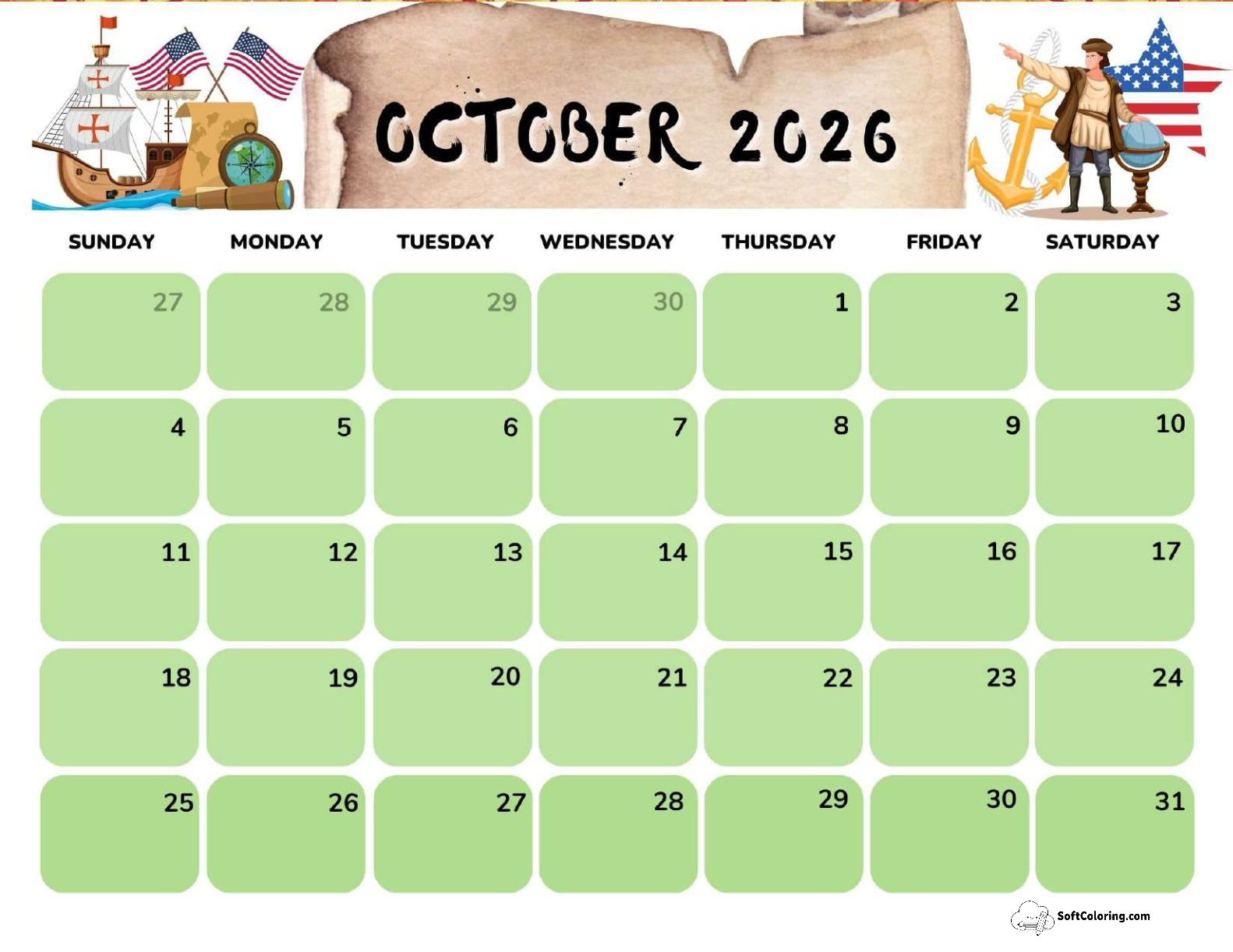 October 2026 Calendar Printable Columbus Day 2 Landscape V3
